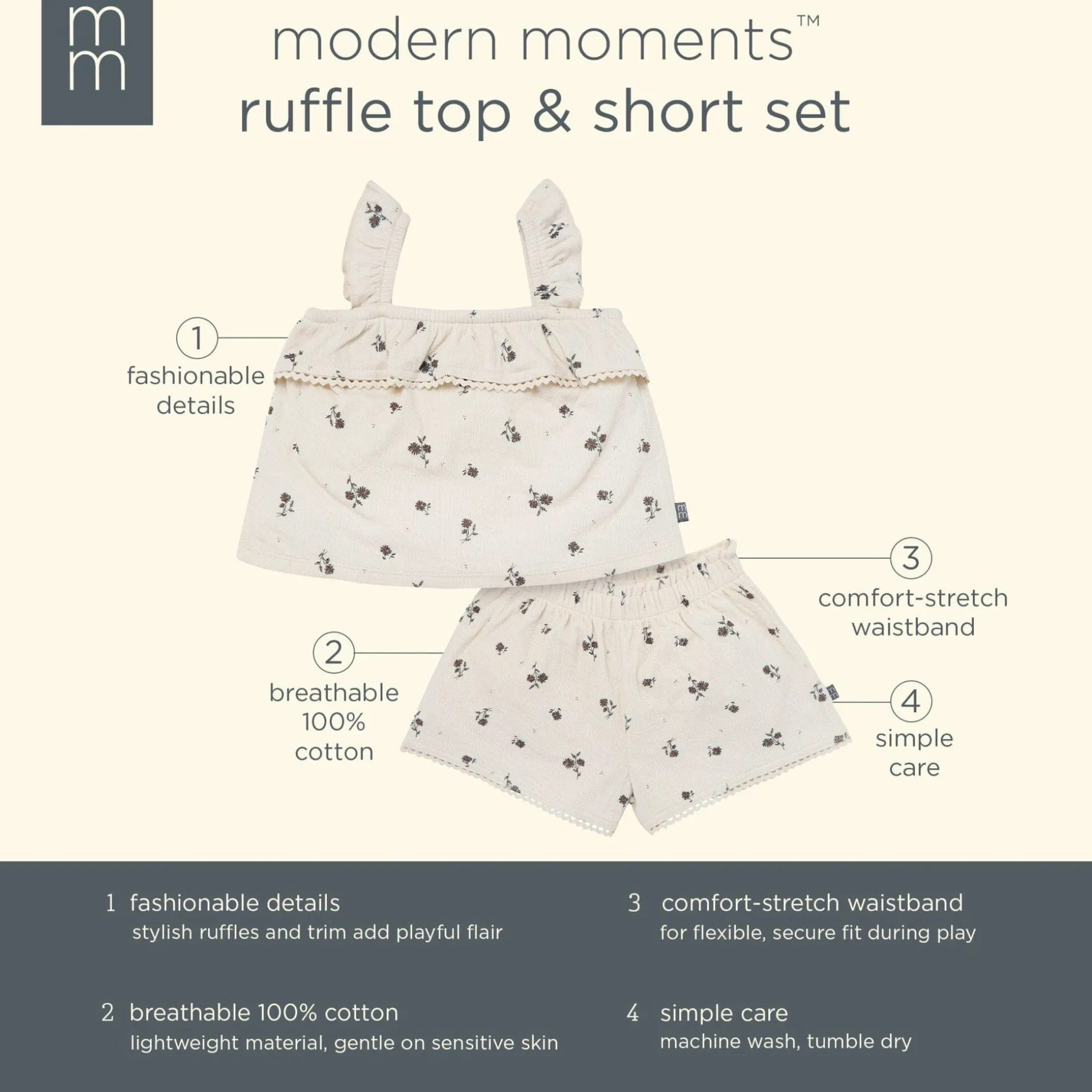 2-Piece Infant & Toddler Girls Beige Floral Top and Shorts Set