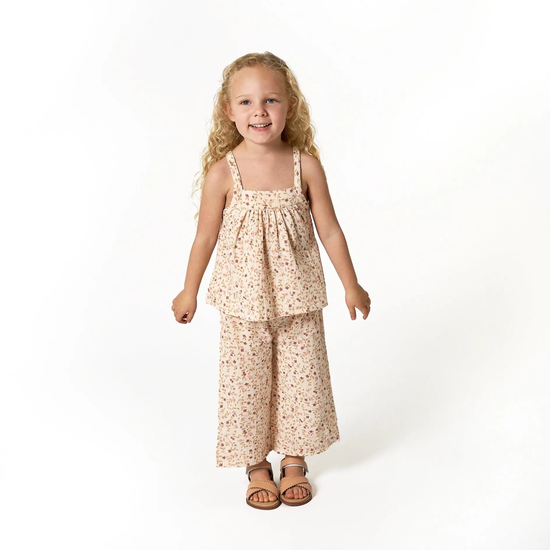 2-Piece Infant & Toddler Girls Beige Vine Floral Cropped Pants Set