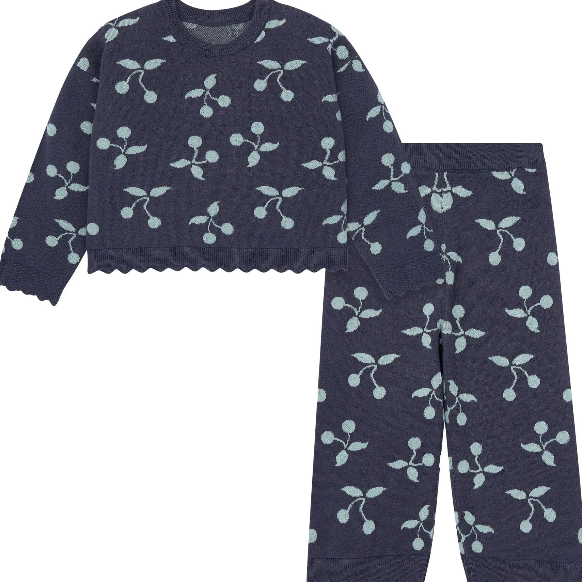 2-Piece Infant & Toddler Girls Blue Cherry Sweater and Pant Set