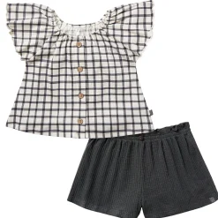 2-Piece Infant & Toddler Girls Dark Grey Plaid Ruffled Sleeve Top & Wide Leg Shorts Set