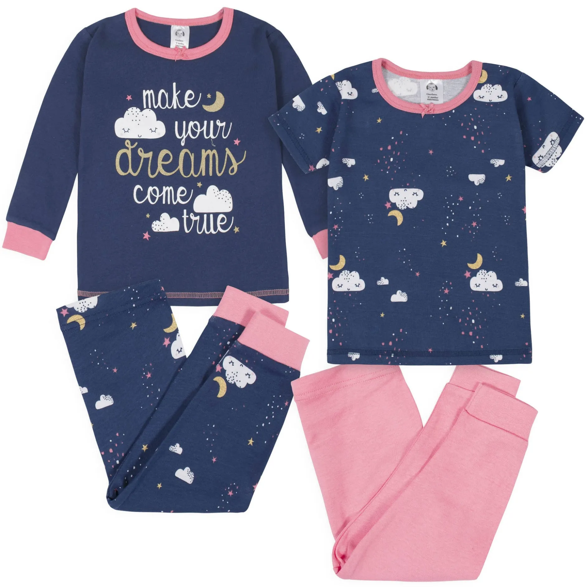 4-Piece Infant & Toddler Girls Dreams Snug Fit Cotton Pajamas