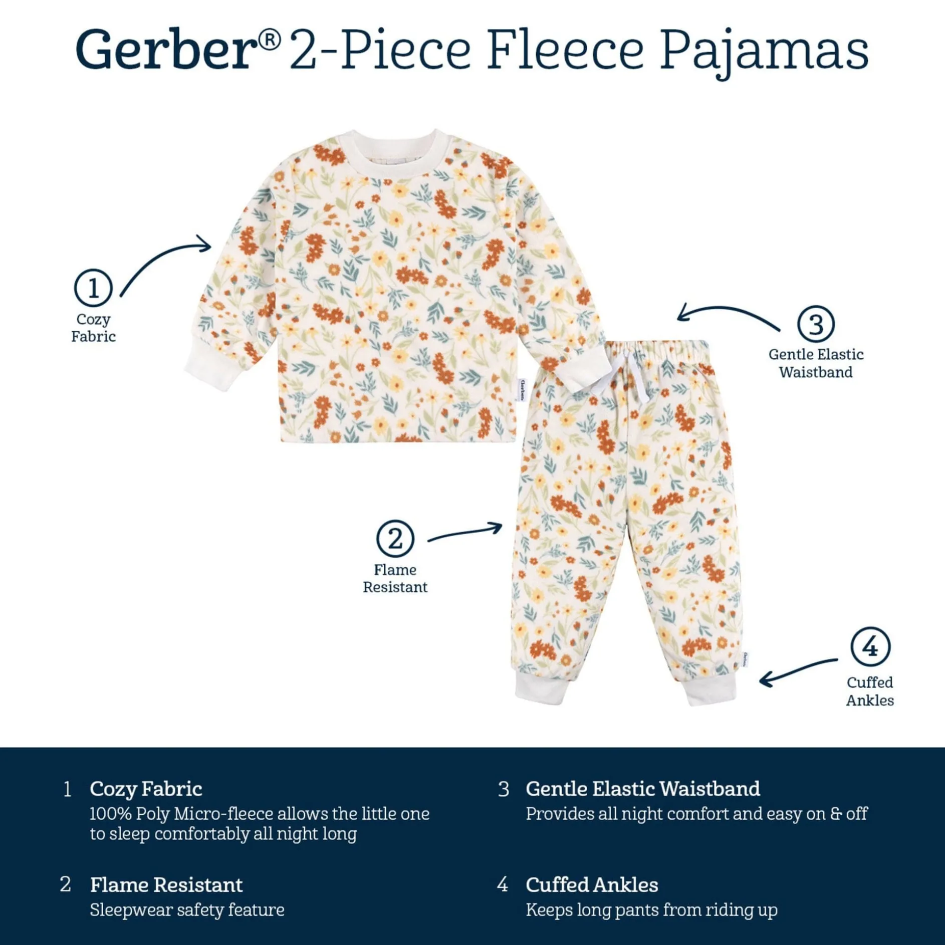 2-Piece Infant & Toddler Girls Ivory Floral Fleece Pajamas