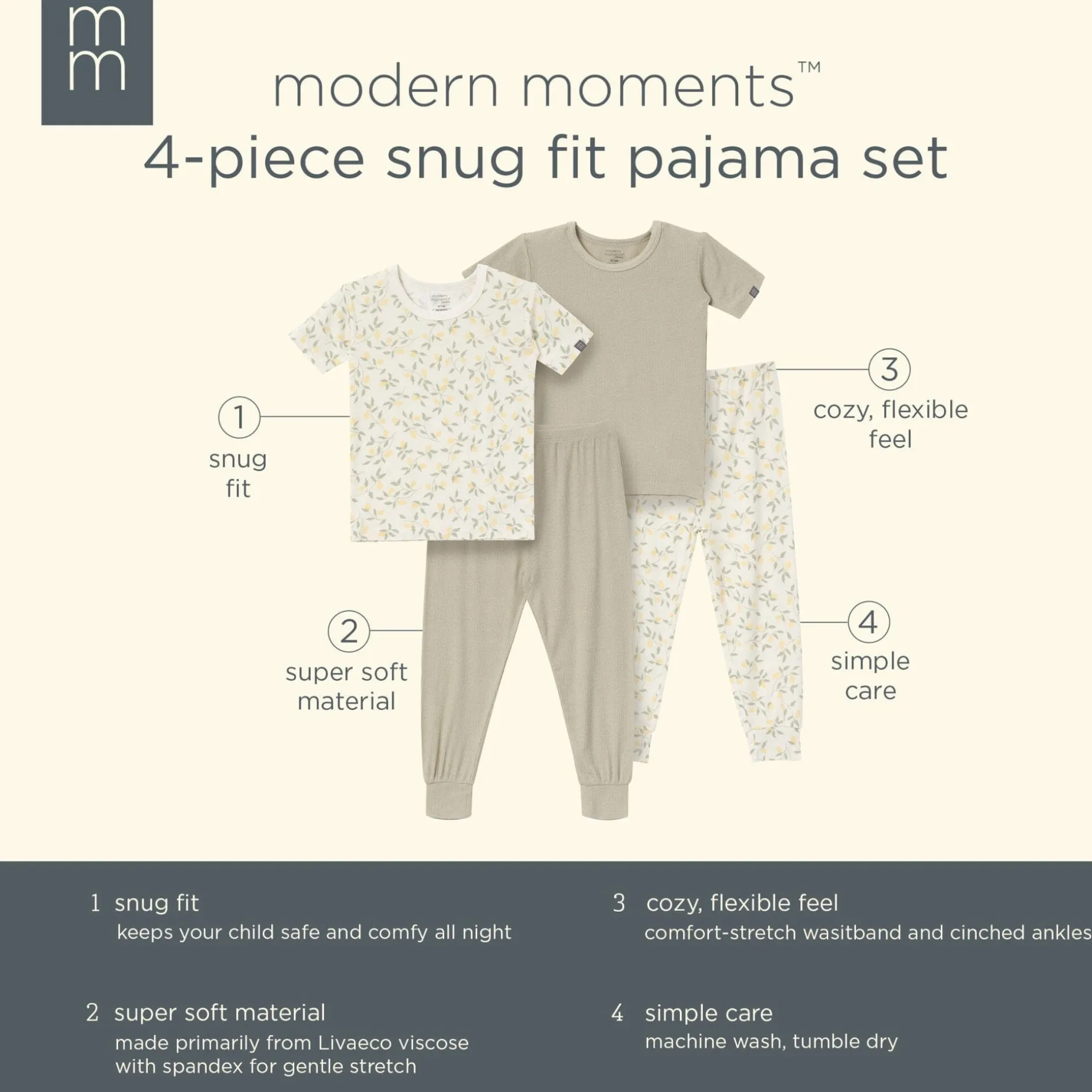 4-Piece Infant & Toddler Girls Lemon Vines Viscose Snug Fitting Pajamas