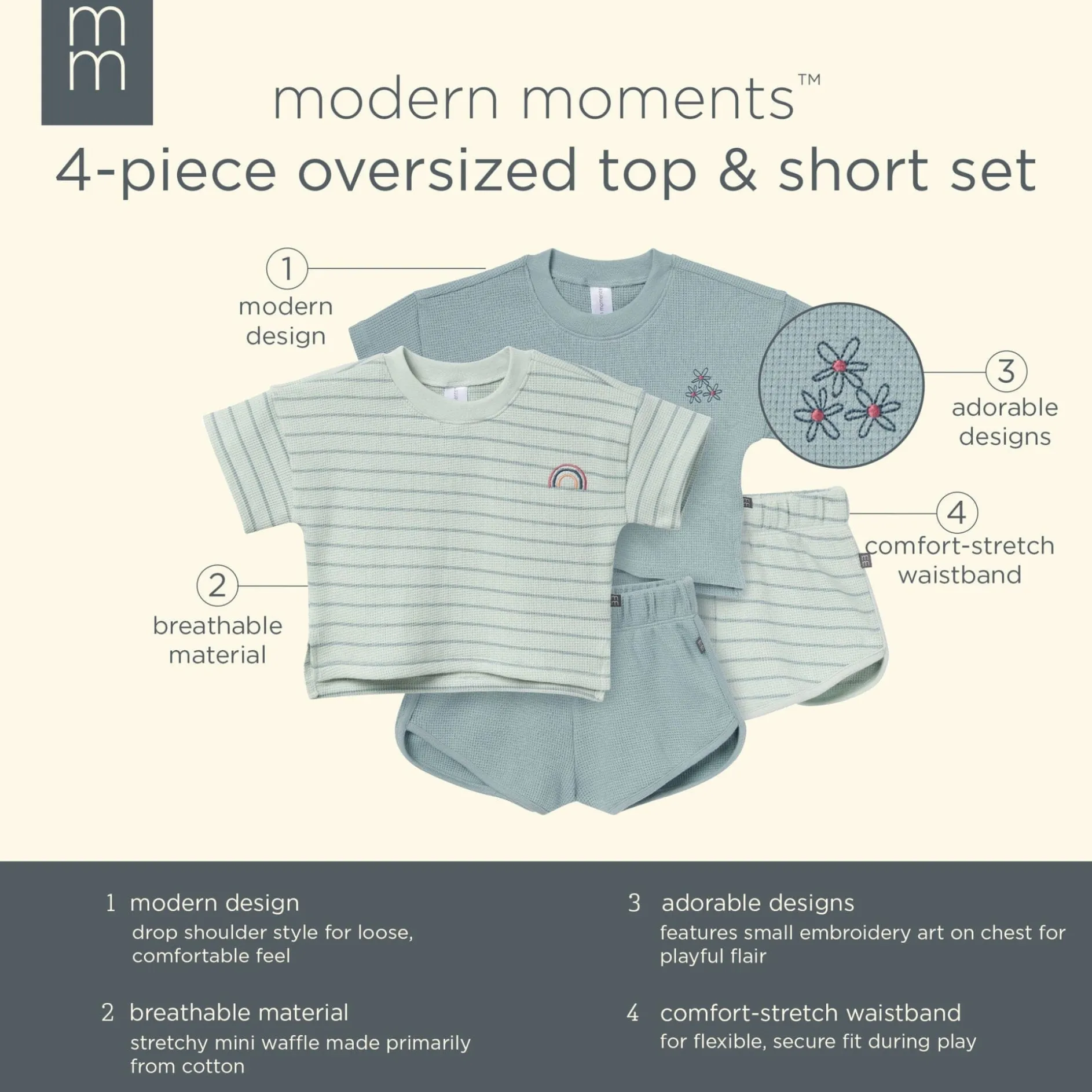 4-Piece Infant & Toddler Girls Light Sky Stripe Drop Shoulder Crop Tops and Shorts Set