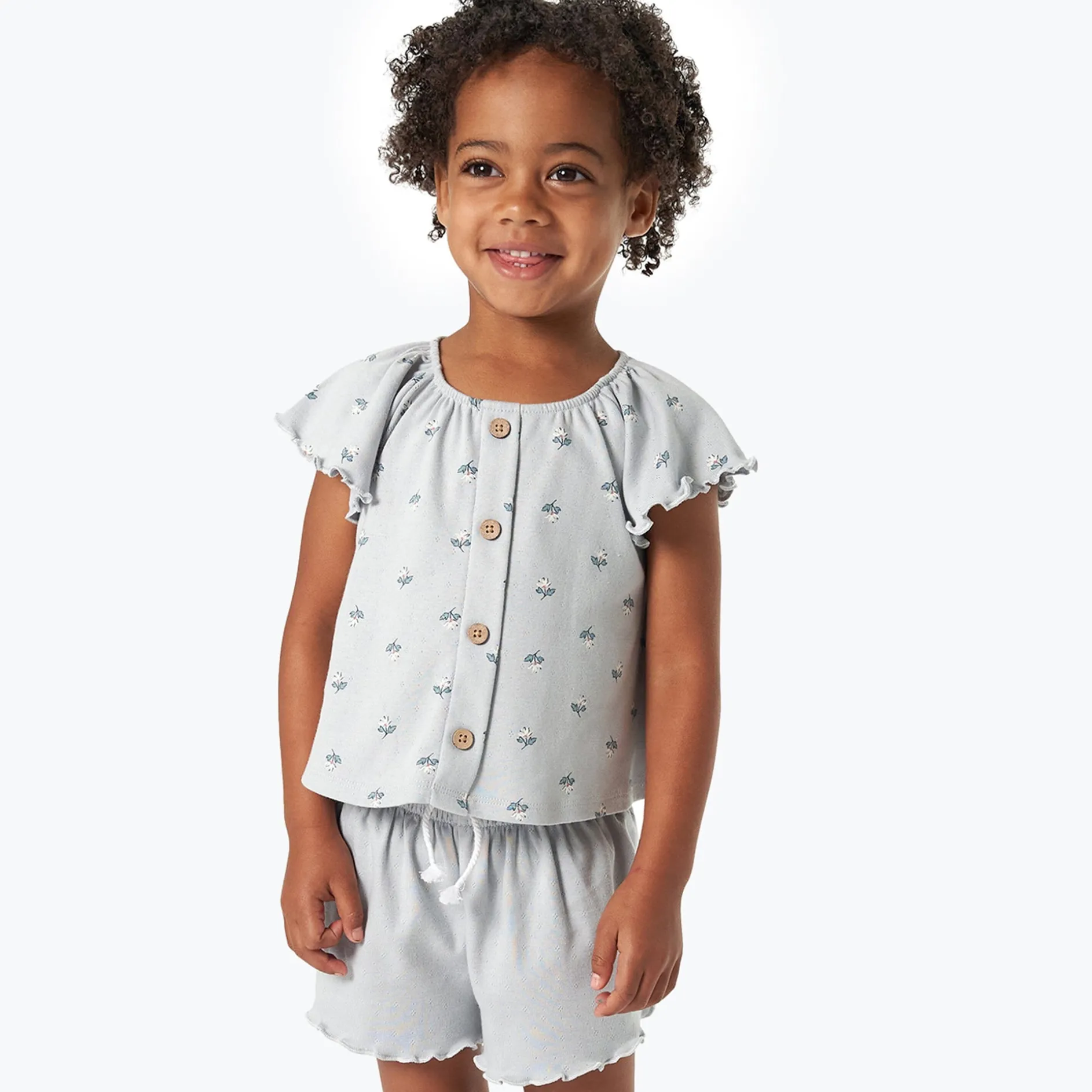 2-Piece Infant & Toddler Girls Light Blue Daisy Ruffled Sleeve Top & Smocked Wide Leg Shorts Set
