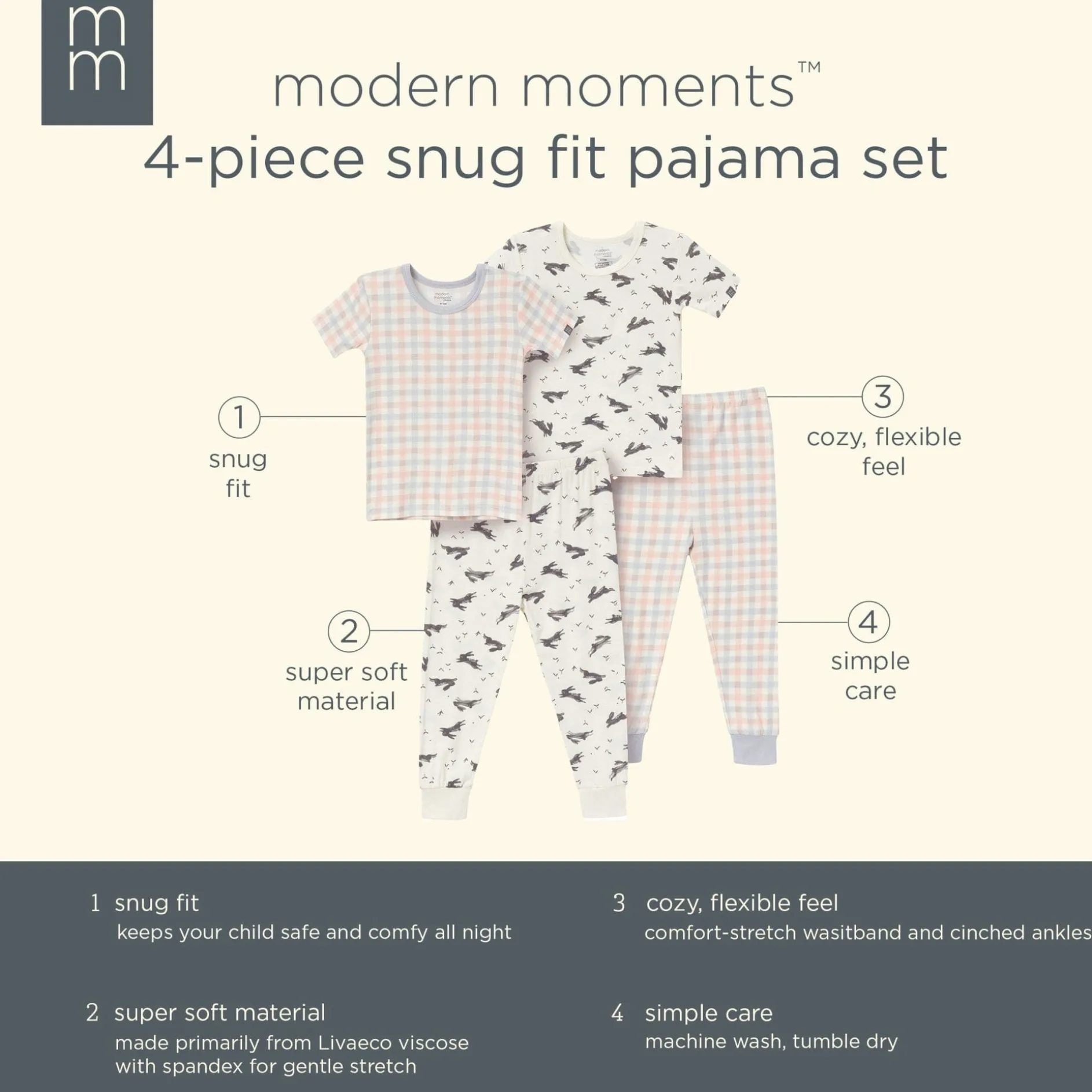 4-Piece Infant & Toddler Neutral Blue Plaid Viscose Snug Fitting Pajamas