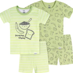 4-Piece Infant & Toddler Neutral Green Breakfast Cotton Pajama Short Set