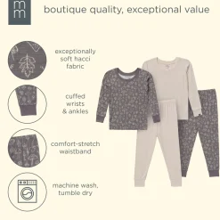 4-Piece Neutral Mushrooms Viscose Snug Fit Pajama Set