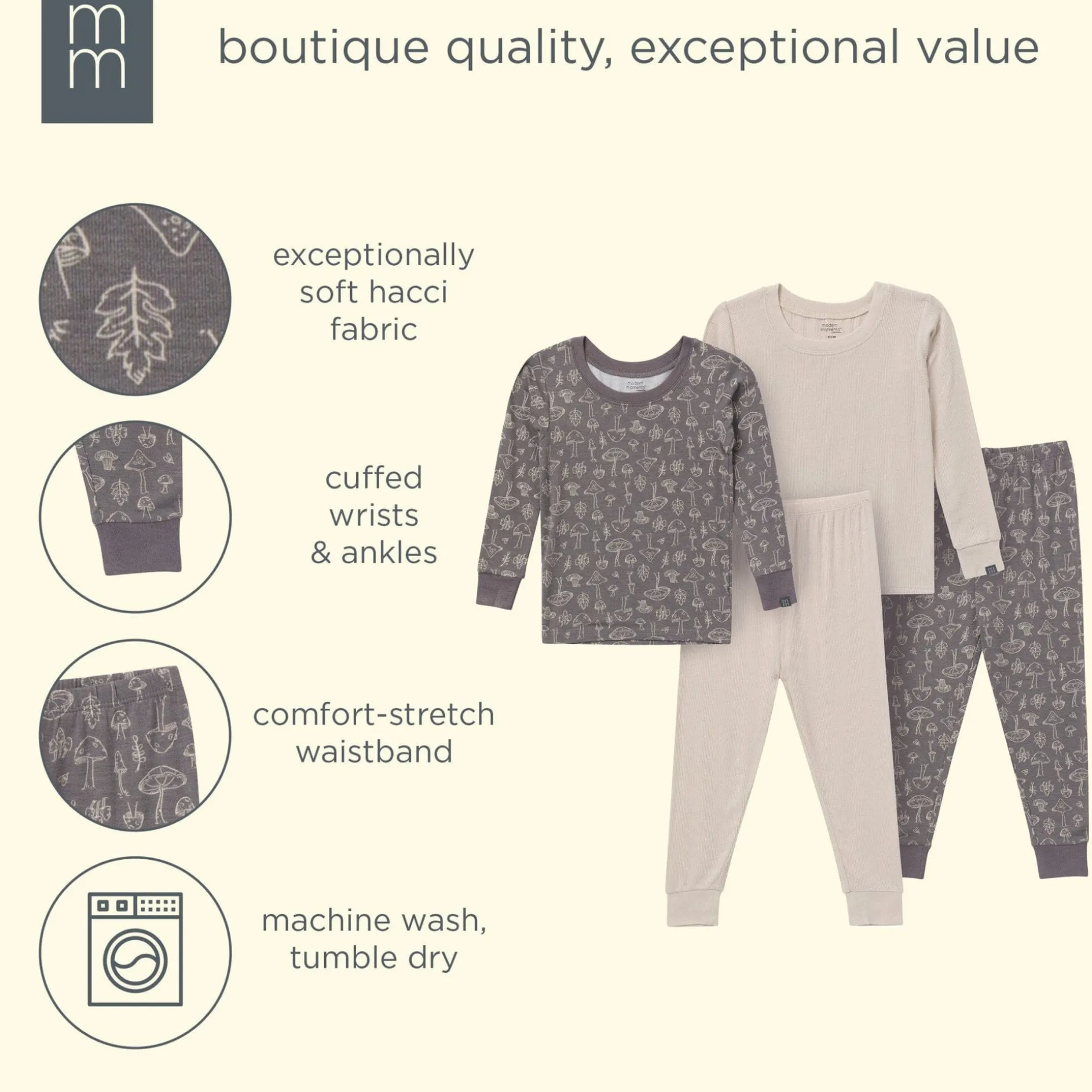 4-Piece Neutral Mushrooms Viscose Snug Fit Pajama Set