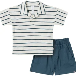 2-Piece Toddler Boys Ivory Stripe Johnny Collar Shirt and Shorts Set