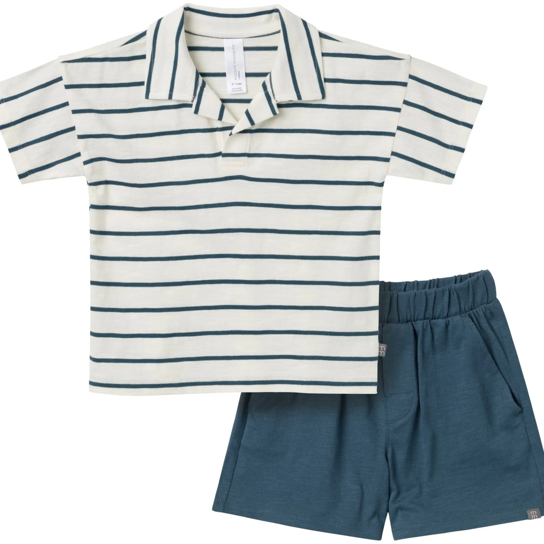 2-Piece Toddler Boys Ivory Stripe Johnny Collar Shirt and Shorts Set