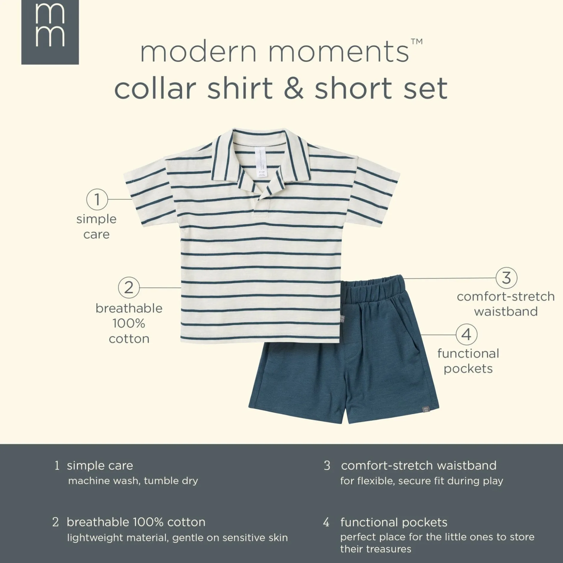 2-Piece Toddler Boys Ivory Stripe Johnny Collar Shirt and Shorts Set