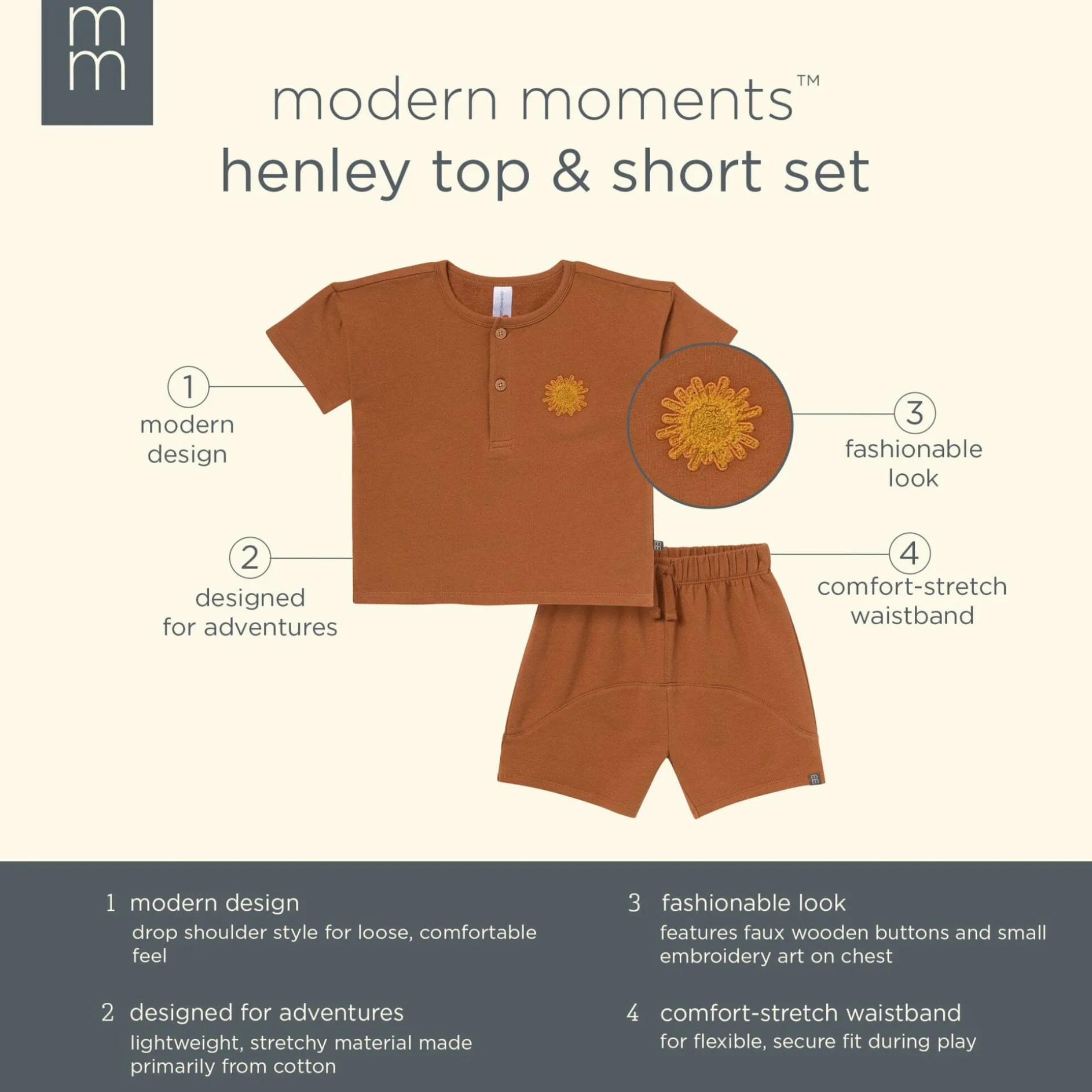 2-Piece Toddler Boys Medium Brown Henley Shirt and Shorts Set
