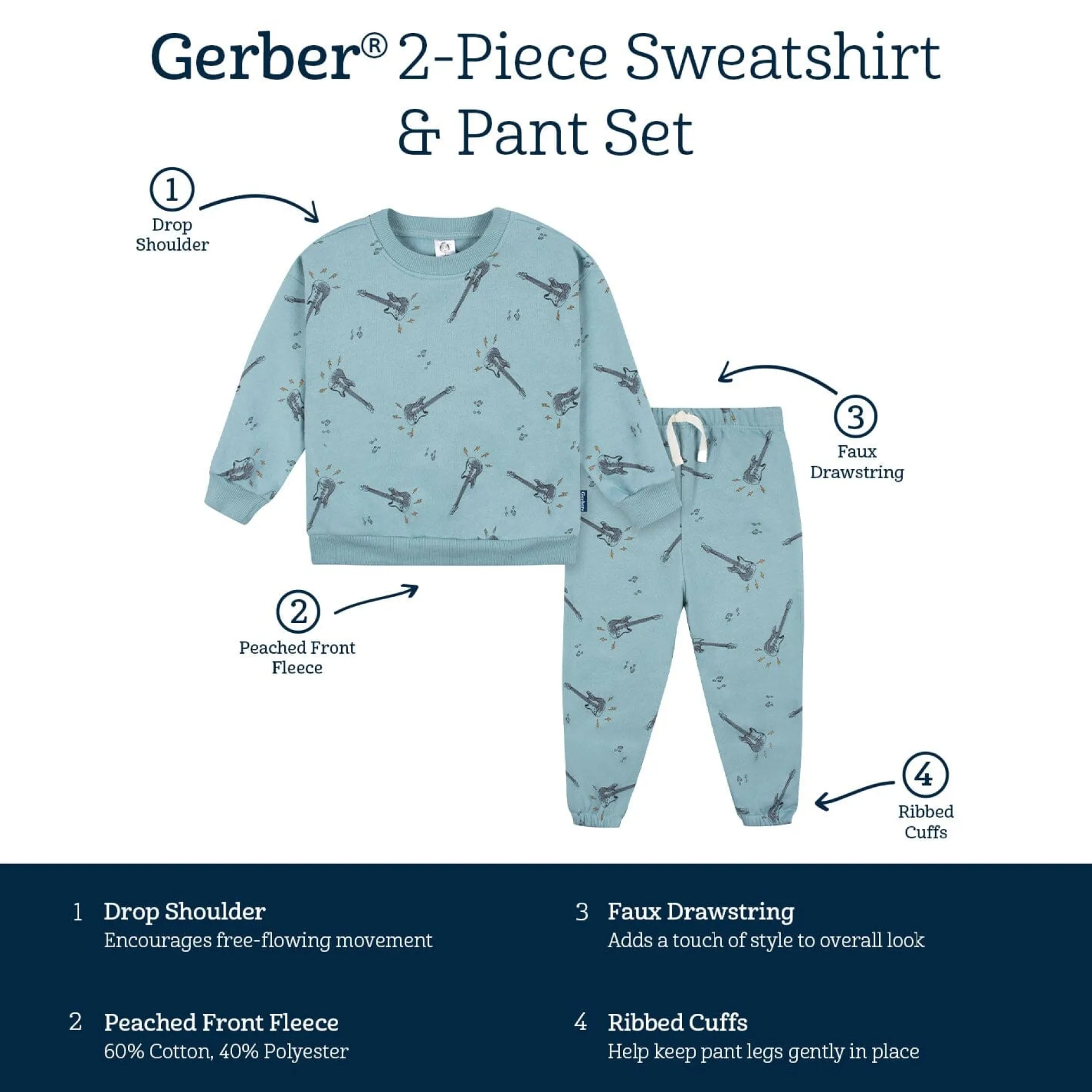 2-Piece Toddler Boys Teal Guitars Sweatshirt & Pant Set, 5T