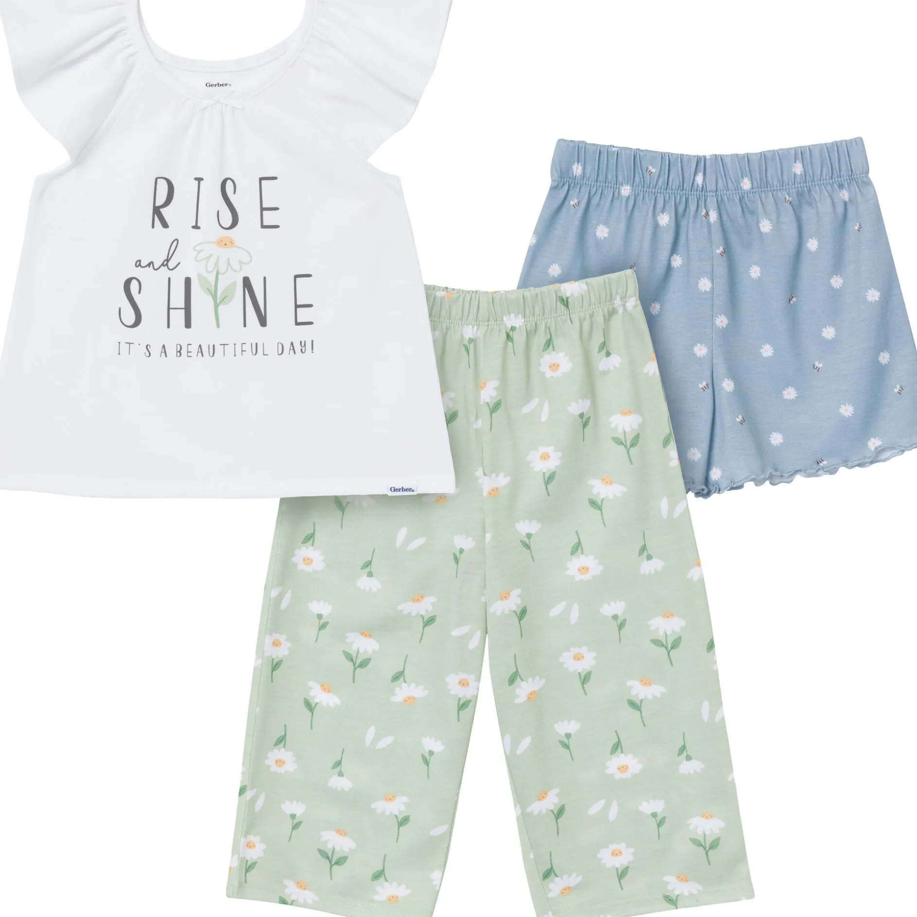 3-Piece Toddler Girls Daisies T-Shirt, Shorts & Pants Pajama Set
