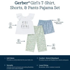 3-Piece Toddler Girls Daisies T-Shirt, Shorts & Pants Pajama Set