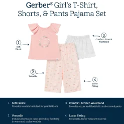 3-Piece Toddler Girls Gardening T-Shirt, Shorts & Pants Pajama Set