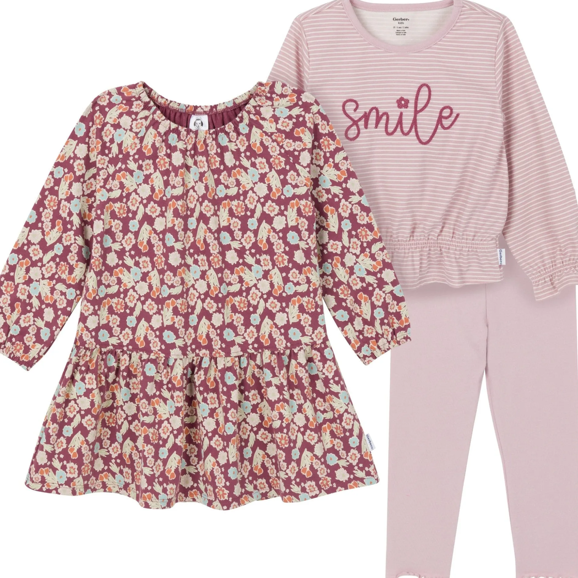 3-Piece Toddler Girls Pink Dress, Top and Legging