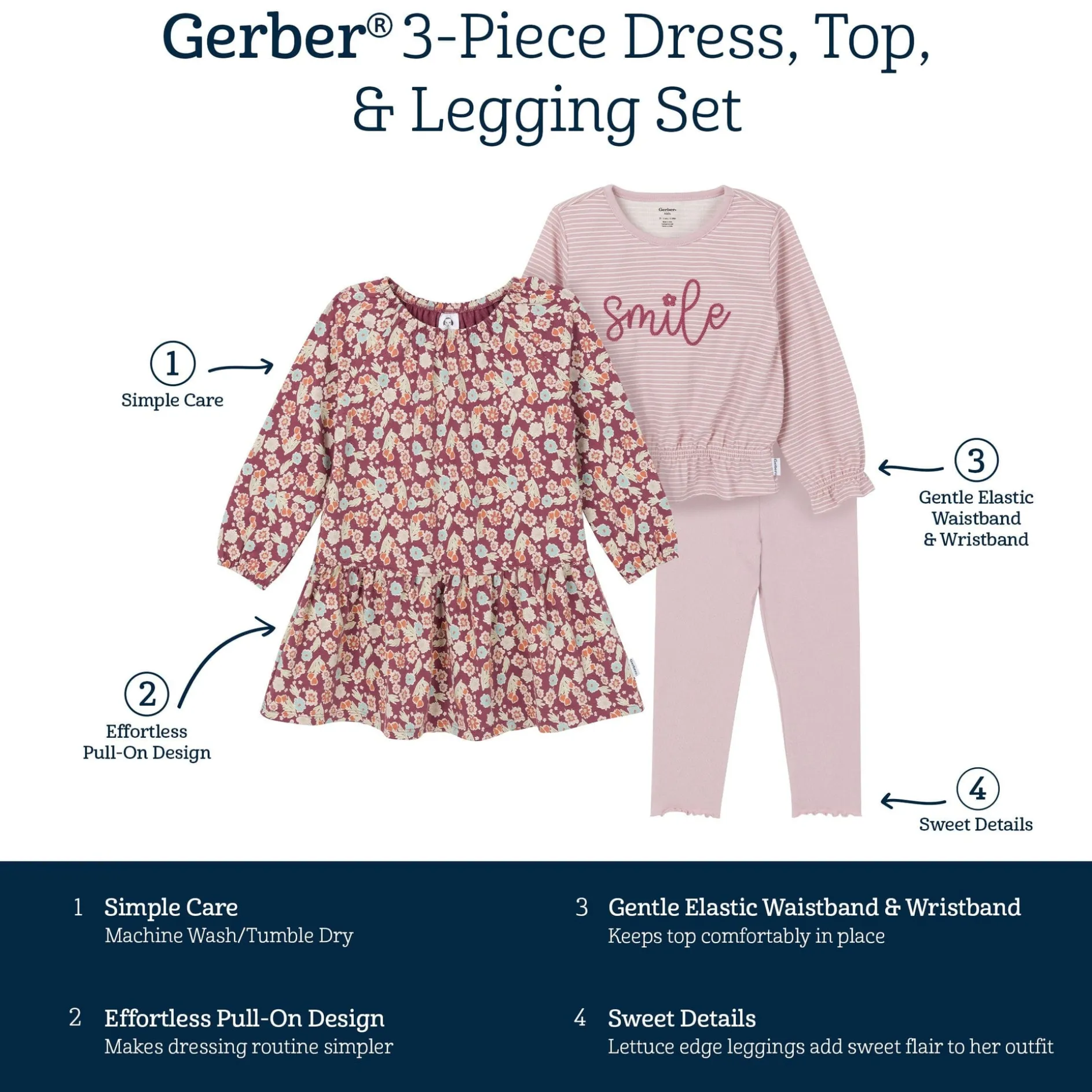 3-Piece Toddler Girls Pink Dress, Top and Legging